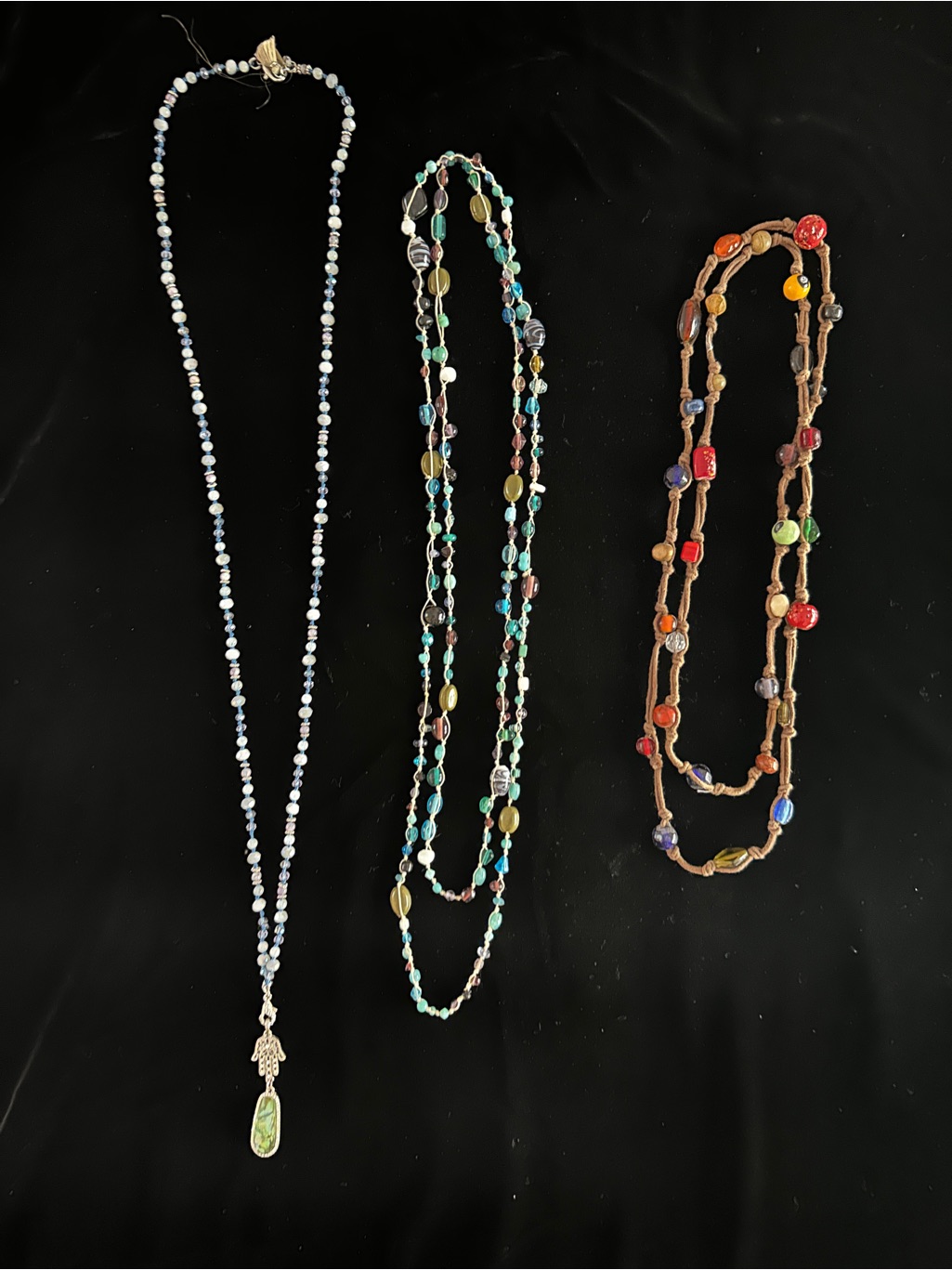 Set Of 3 Handmade Boho Multi-Color Glass Bead Layered Necklaces